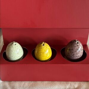 Easter Egg Salt Shakers Set of Three Speckled Egg Shakers Purple Yellow Blue